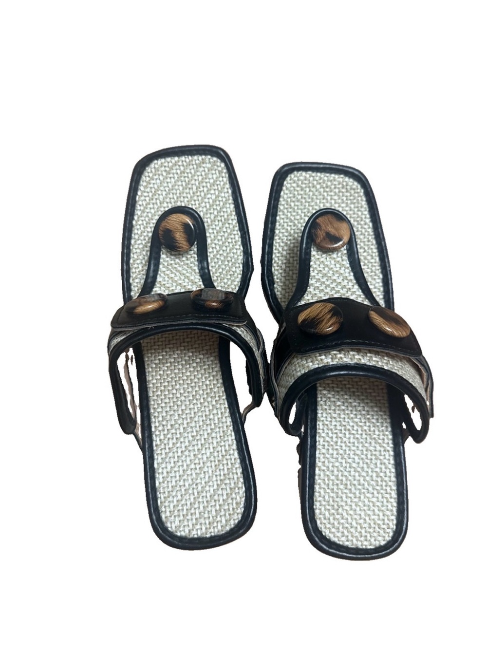 Black and Cream Slide Sandals with Button Accent